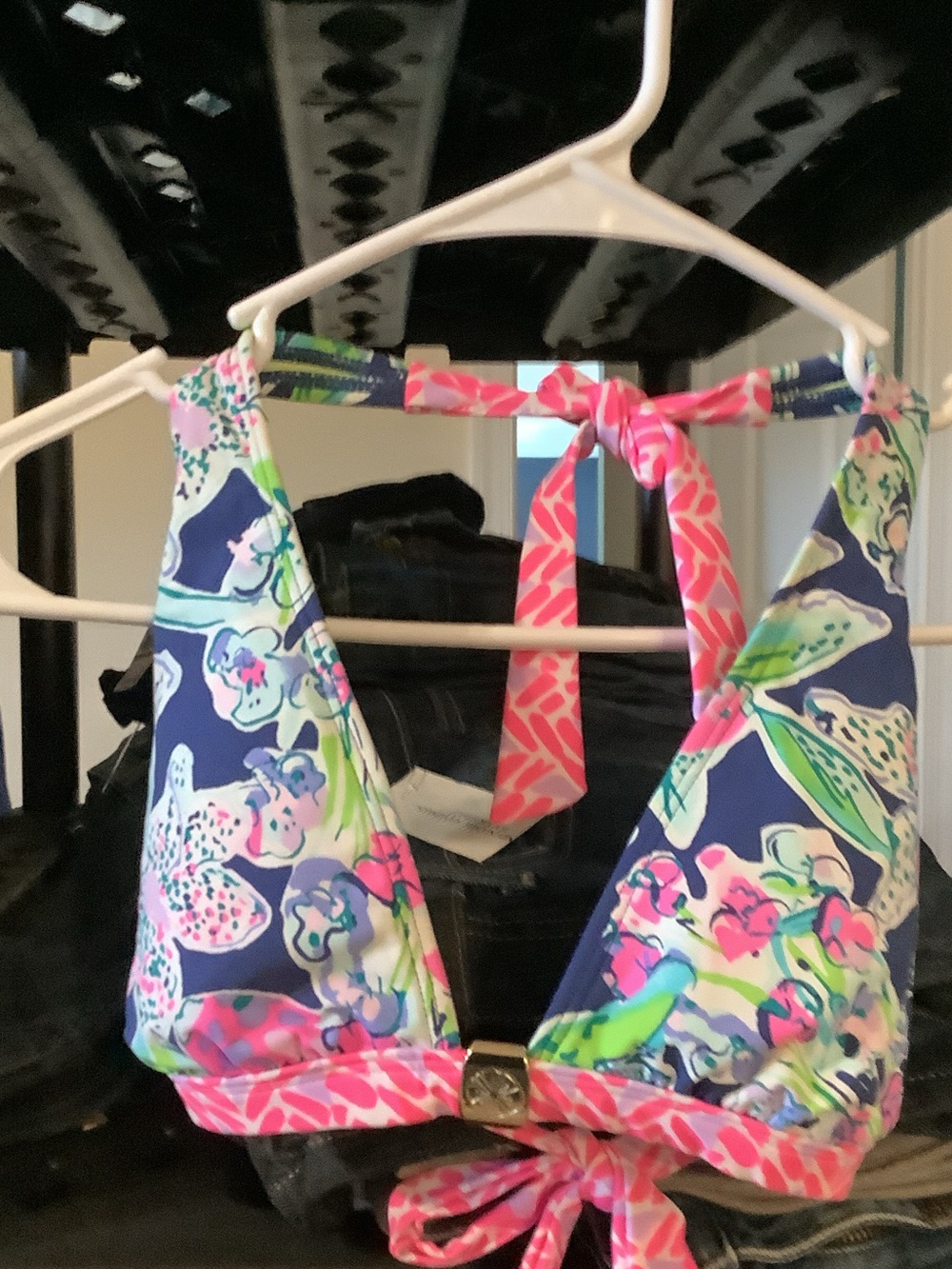Lilly Pulitzer Floral Halter Bikini Top in Navy, Pink, Green